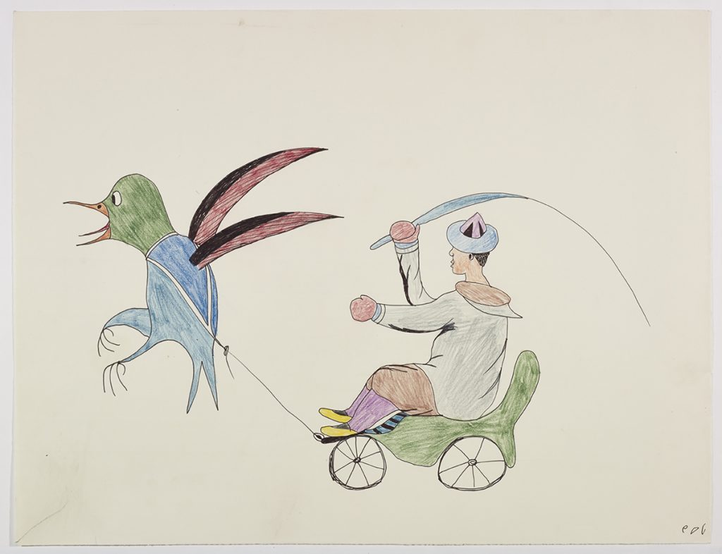 Imaginary scene depicting a man holding a whip sitting in a wheel-chair attached to a large colourful bird by a rope and harness. Scene presented in a two-dimensional style and using green