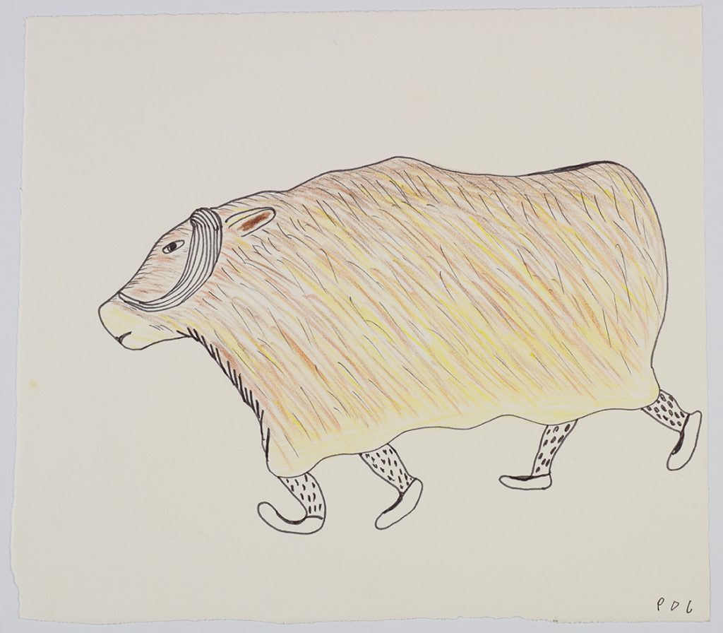 Imaginary scene depicting a muskox with human legs. Creature presented in a two-dimensional style and using brown