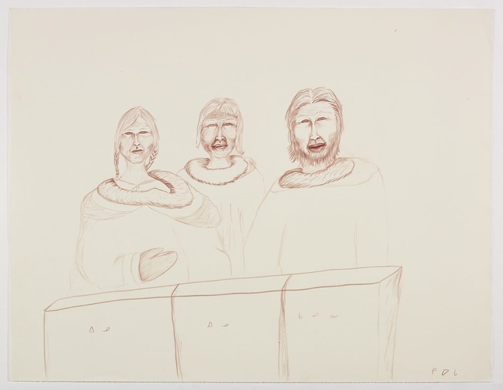 Line drawing depicting two Inuk women wearing amautiks and a man standing behind three square blocks