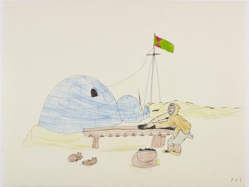 Inuit sablant le fond d'un qamutik à côté d'un iglou et d'un mât avec un drapeau battant au vent. Œuvre bidimensionnelle exécutée en bleu, or, jaune, brun, vert, rouge et noir.