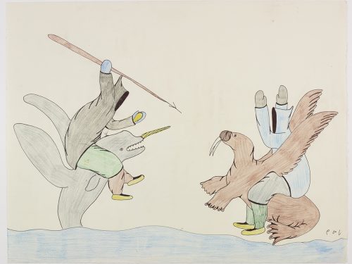 Imaginary scene depicting an Inuk man on a breaching narwhal holding a spear and facing a man on a walrus with wings. Scene presented in a flattened