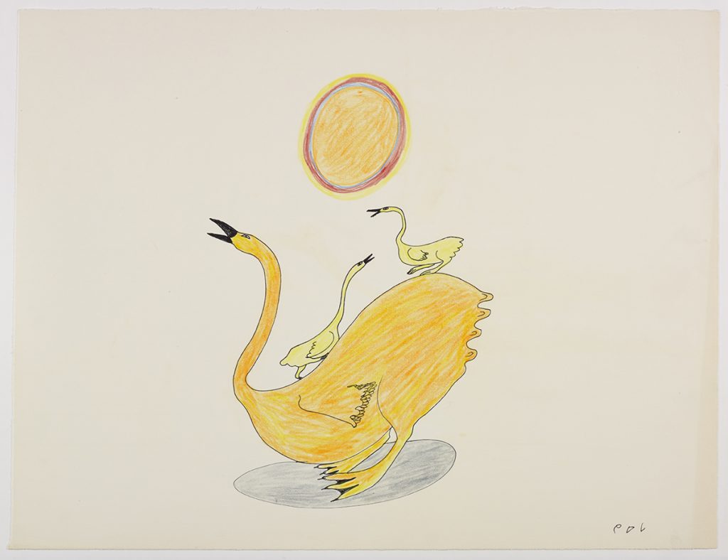 Surreal scene depicting a stylized swan with two other swan-like animals standing on its back underneath a large sun in the middle of the page. Scene presented in a three-dimensional style and using yellow