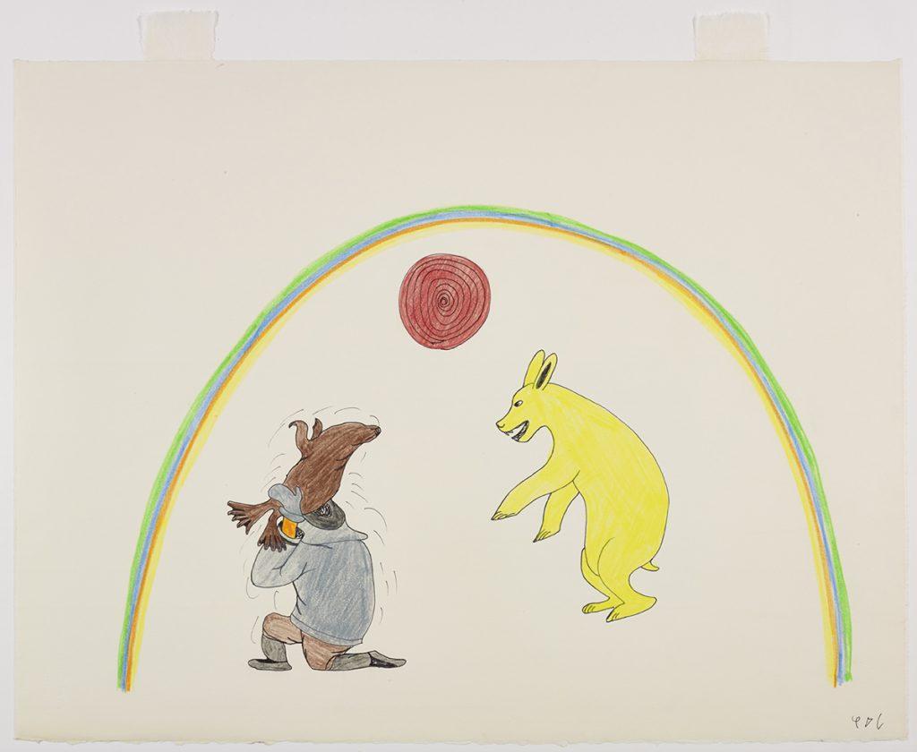Imaginary scene depicting a polar bear-bunny hybrid facing a man holding a seal over his head and surrounded by a rainbow and a sun overhead. Scene presented in a two-dimensional style and using yellow