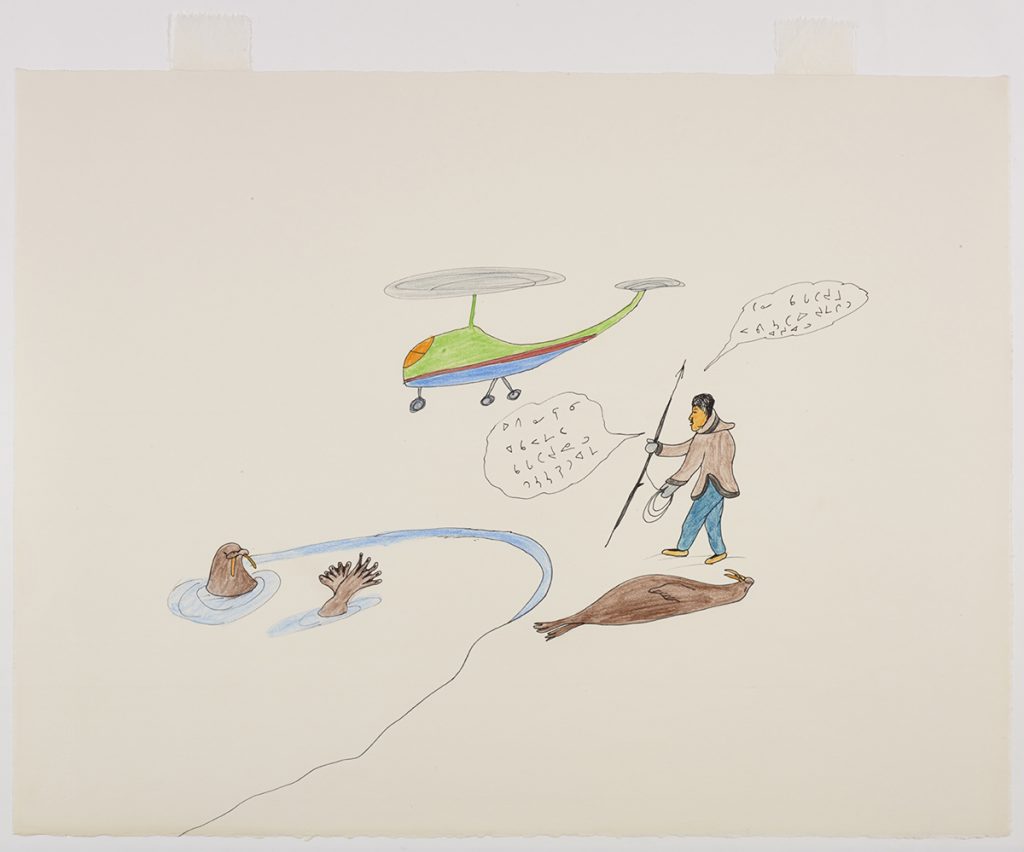 Scene depicting a man standing beside the floe edge holding a harpoon and some rope with two speach bubbles with syllabics around the man's head. A walrus looks at him from the water and a dead walrus lays to his left while a helicopter flies overhead. Scene presented in a two-dimensional style and using brown