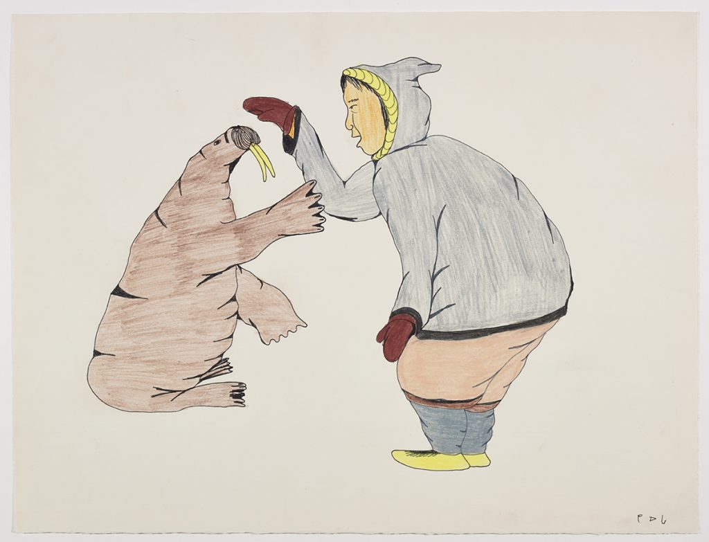 Surreal scene depicting a man petting a walrus and the walrus petting the man. Scene presented in a two-dimensional style and using brown