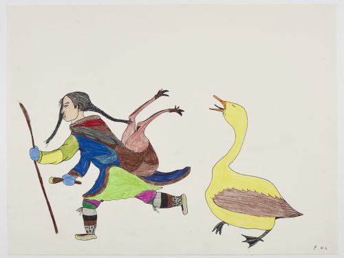 Imaginary scene depicting a woman with a staff and carrying caribou legs on her back while being chased by a big goose. Scene presented in a two-dimensional style and using blue