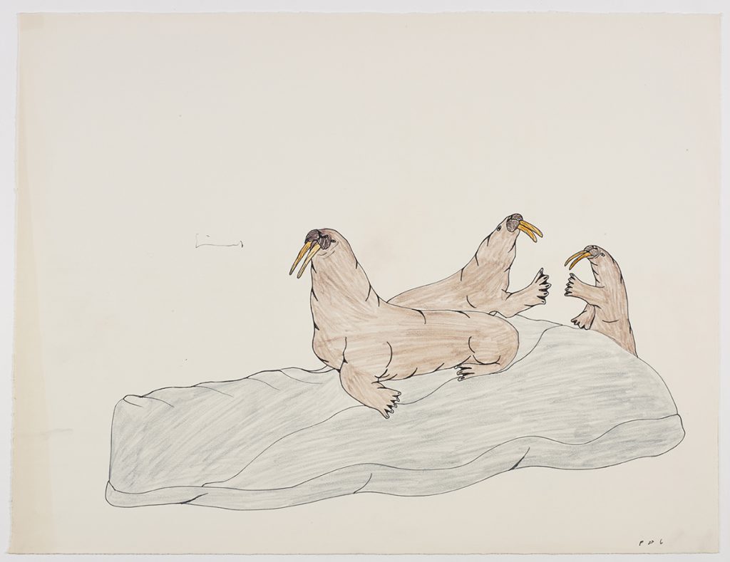 Surreal scene depicting three walrus on a large piece of ice. Scene presented in a three-dimensional style and using brown