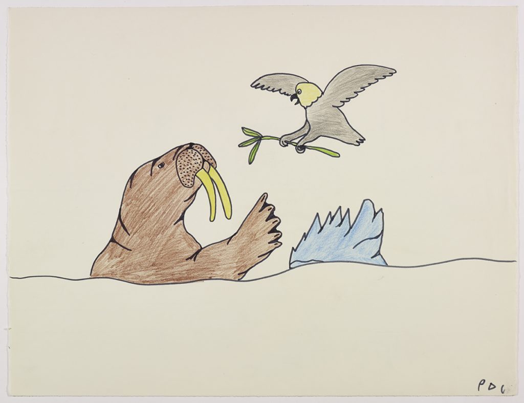 Imaginary scene depicting half of a walrus seen above the water line facing a bird holding a leafy branch in its claws while flying over a small iceberg. Scene presented in a two-dimensional style and using brown