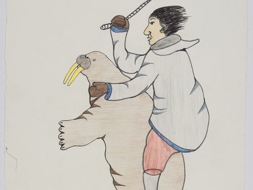 Surreal scene depicting a human riding on the back of a walrus while holding a whip. Presented in a two-dimensional style and using blue