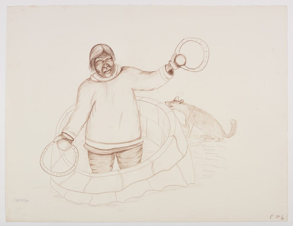 Surreal scene depicting an Inuk man in a semi completed igloo holding two rings while a dog sits outside the igloo on the right side of the page. Scene presented in a three-dimensional style and using light brown.