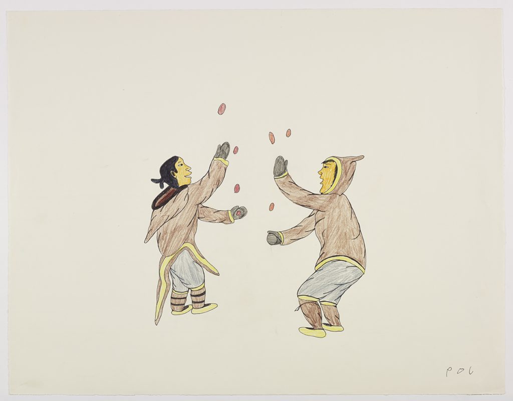 Scene depicting a man and a woman facing each other while juggling rocks. Scene presented in a two-dimensional style and using brown