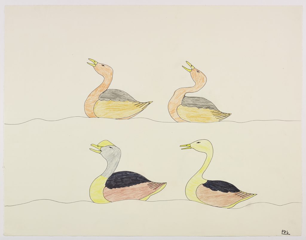 Surreal scene depicting four birds floating on small waves in two horizontal rows facing left. Scene presented in a flattened