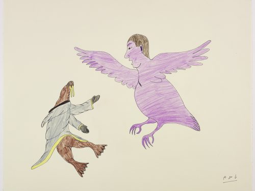Imaginary scene depicting a big bird with a human head and a standing walrus in a amautik facing each other. Scene presented in a two-dimensional style and using purple