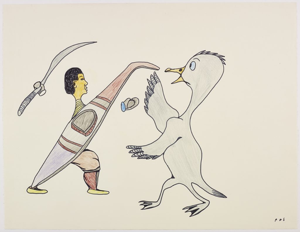 Surreal scene depicting an Inuk with invisible arms and a kayak acting as a leg holds a large weapon while facing a large bird-like creature. Scene presented in a two-dimensional style and using red