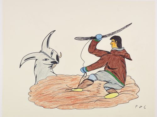 Imaginary scene depicting an Inuk holsing a weapon sitting on an abstract circular shape facing a mythical wolf-like creature. Scene presented in a two-dimensional style and using brown