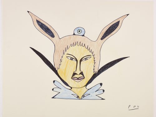 Portrait imaginaire représentant un visage aux traits inuits, avec deux oreilles de lapin, de longues formes noires émergeant de la mâchoire, un objet en forme d'œil sur le dessus de la tête et deux créatures abstraites en guise de col de chemise. Œuvre bidimensionnelle exécutée en bleu, brun, jaune or et noir.