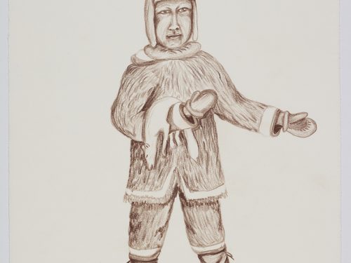 Hunter holding a dead weasel. Realistic figures presented in a three-dimensional style and using brown.