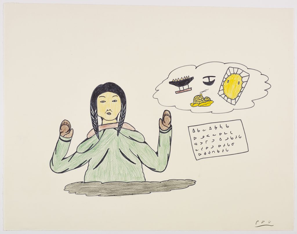 Surreal scene depicting an Inuk woman facing forward with a thought bubble on her left side showing an igloo