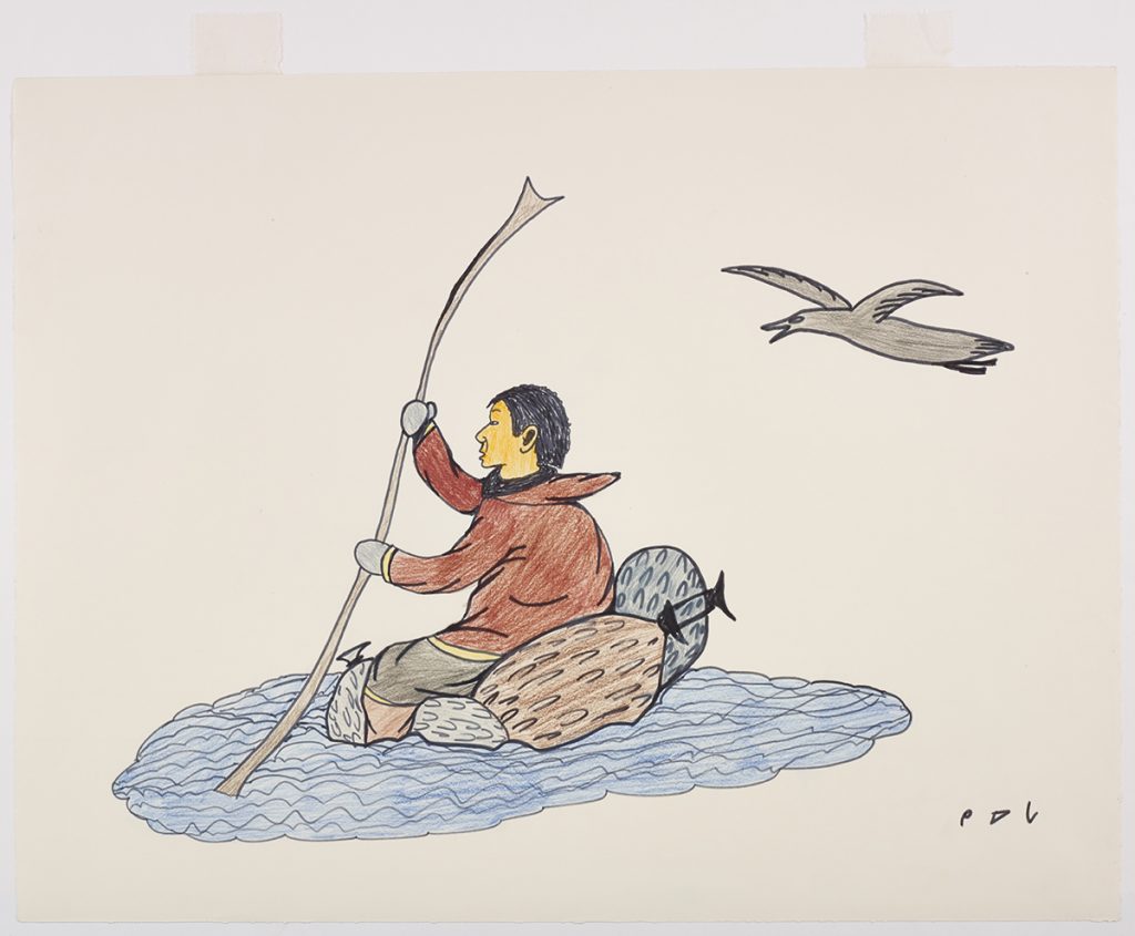 Human paddling in open water sitting on sealskin floats with a bird flying behind them on the right side of the page. Scene presented in a two-dimensional style and using blue