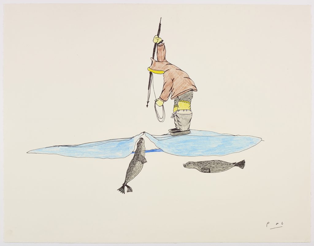 Scene depicting an Inukt standing beside an opening in the sea ice with a harpoon and rope while two seals swim just benath the ice. Scene presented in a two-dimensional style and using blue