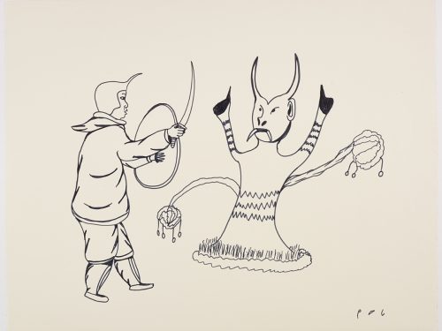 Surreal scene depicting a human holding a weapons and facing a legless mythical beast with four arms