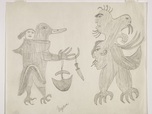 A woman with a bird head wearing an amautik with a baby while carrying an ulu and a knife is facing a creature with multiple heads and limbs on the right. Presented in a two-dimensional style and using grey.