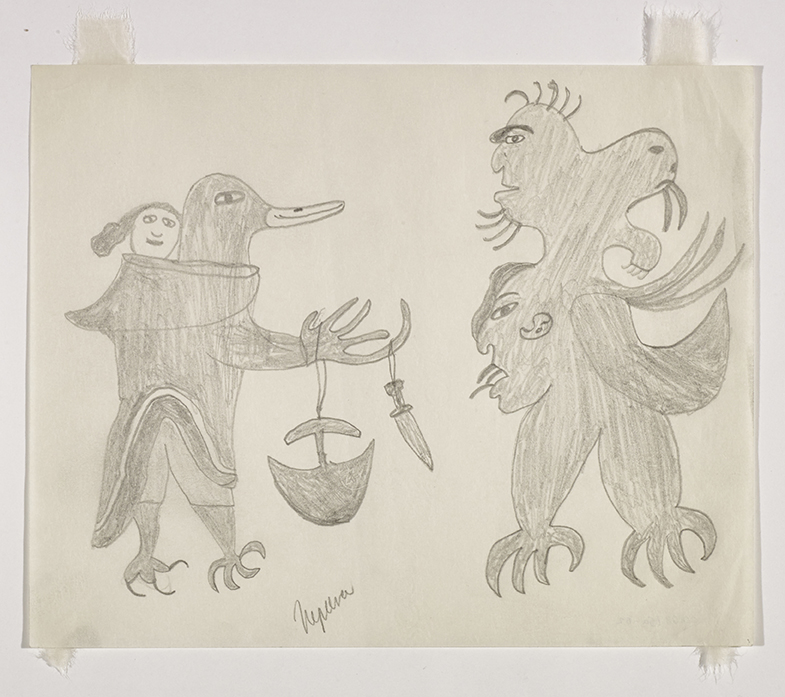 A woman with a bird head wearing an amautik with a baby while carrying an ulu and a knife is facing a creature with multiple heads and limbs on the right. Presented in a two-dimensional style and using grey.