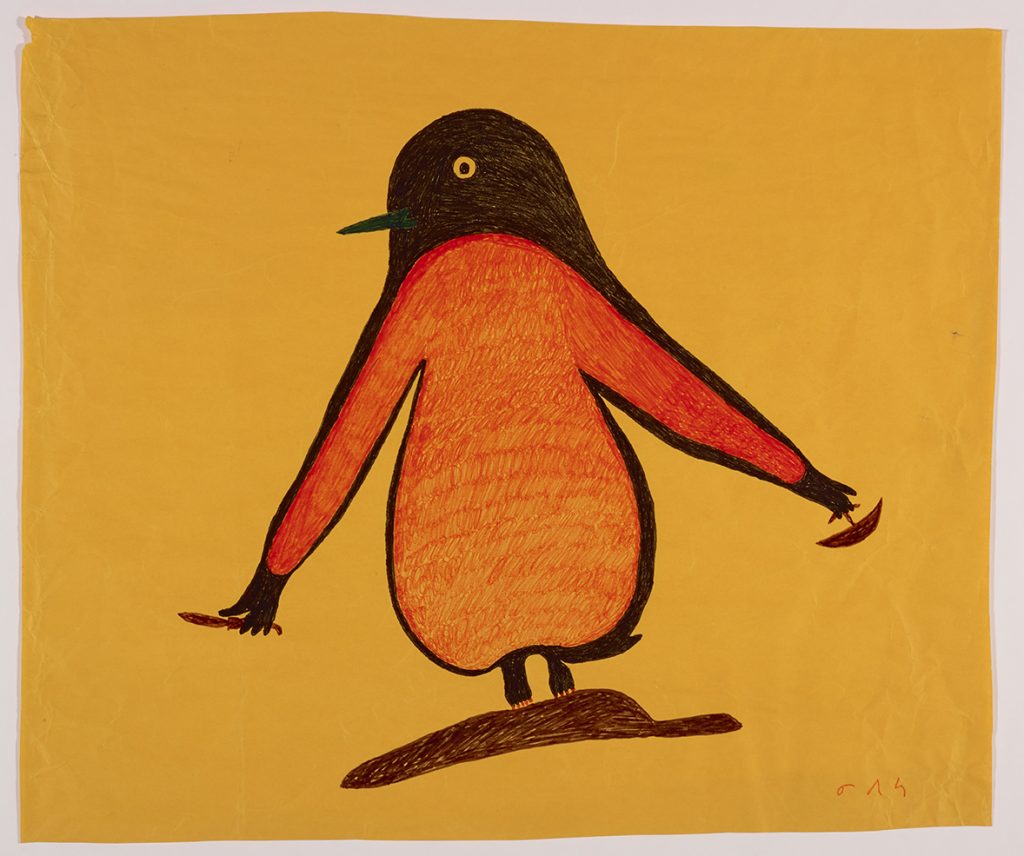 A penguin holding an ulu in one hand and a knife in the other. Presented in a two-dimensional style and using orange