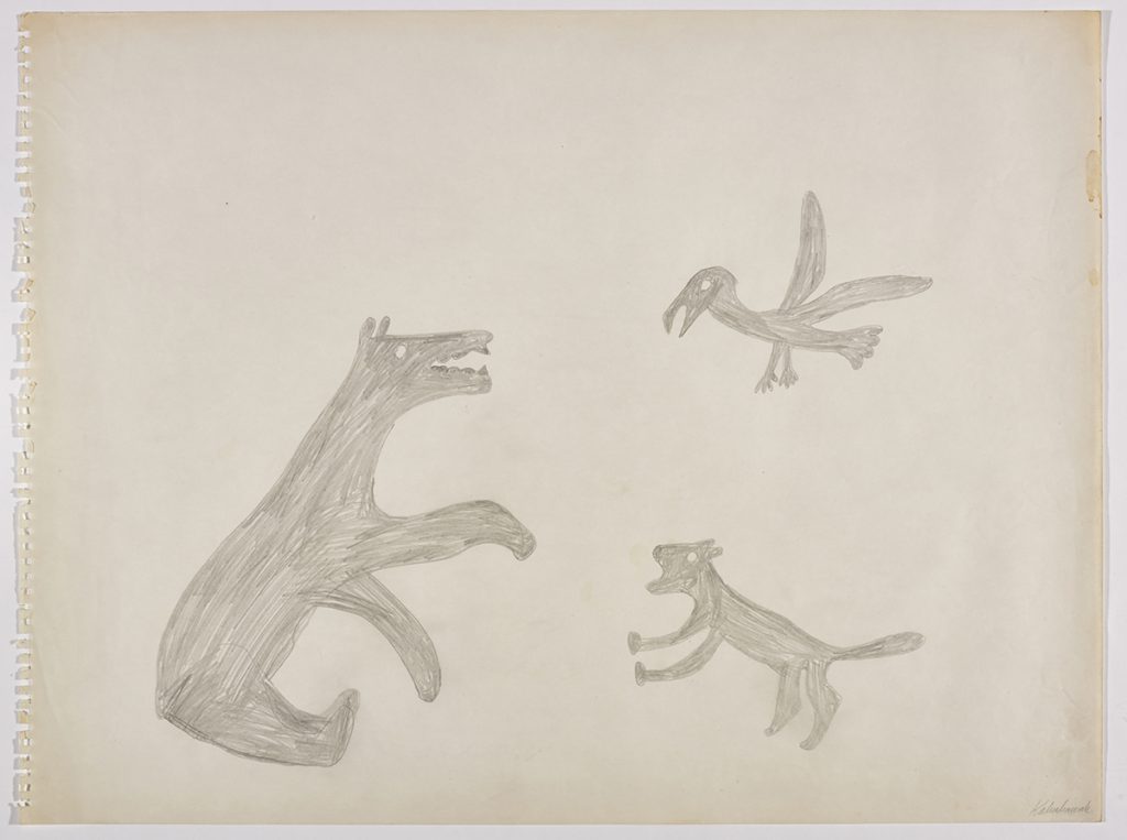 A mother wolf protecting her cub being attacked by a bird from above. Presented in a two-dimensional style and using grey.
