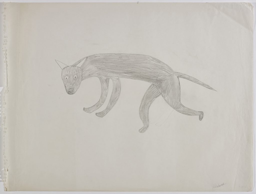 A stylized dog-like creature. Presented in a two-dimensional style and using grey.