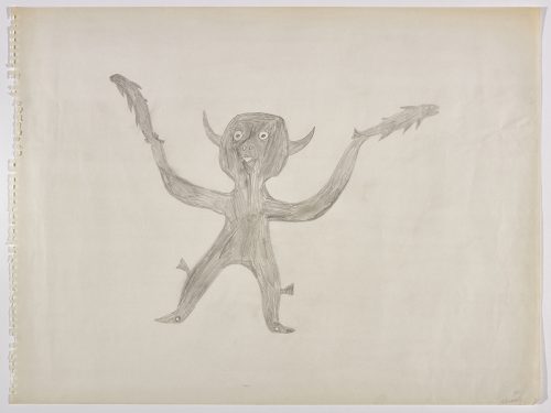 A symmetrical design of an imaginary human figure with fish heads on both of its feet
