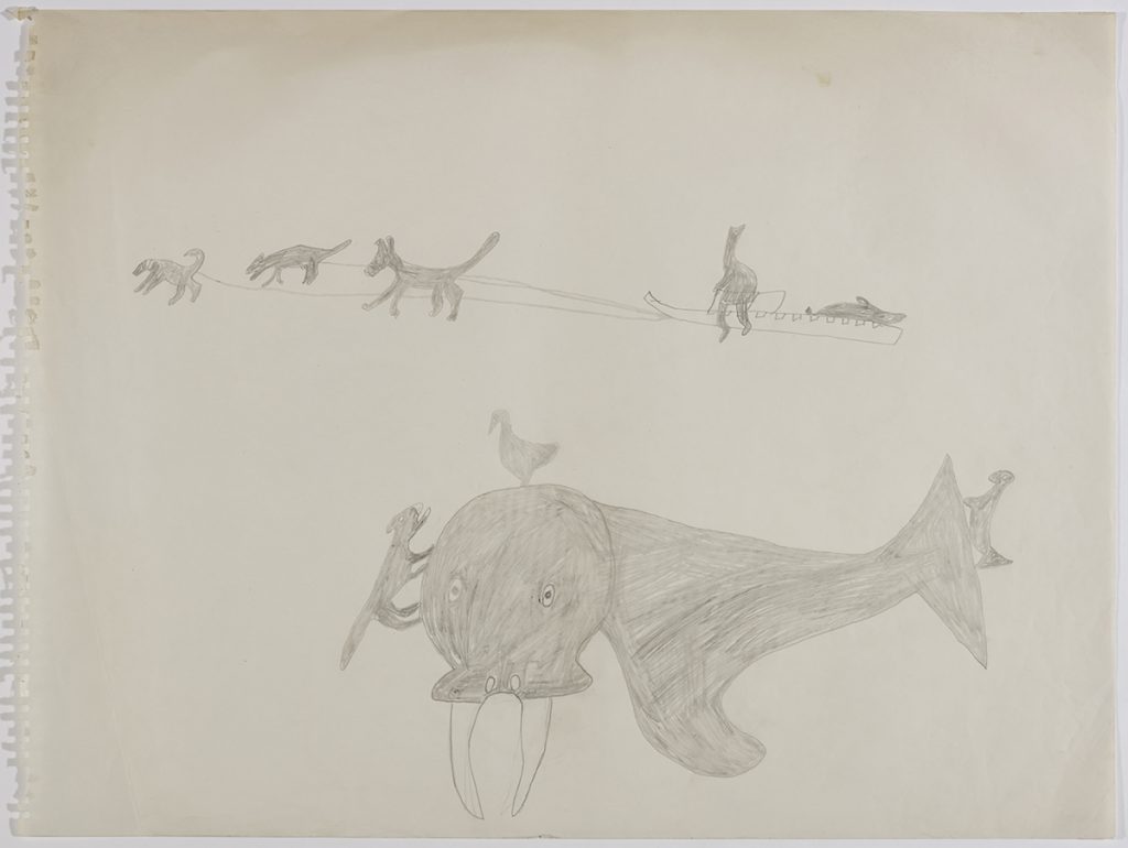 An inuk riding a dogsled hauling a seal with four dogs and below it is a mythical walrus with two foxes and a bird on its head. Presented in a two-dimensional style and using grey.
