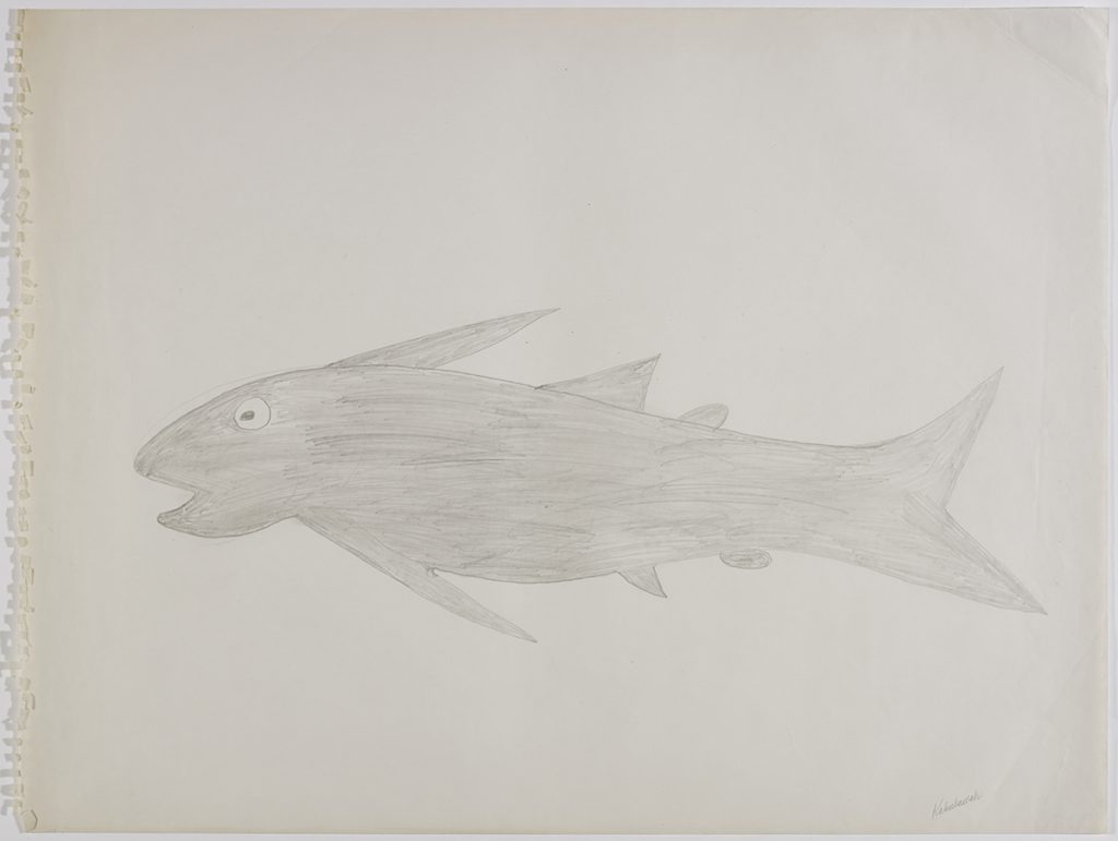 Surreal design of a single fish. Presented in a two-dimensional style and using grey.
