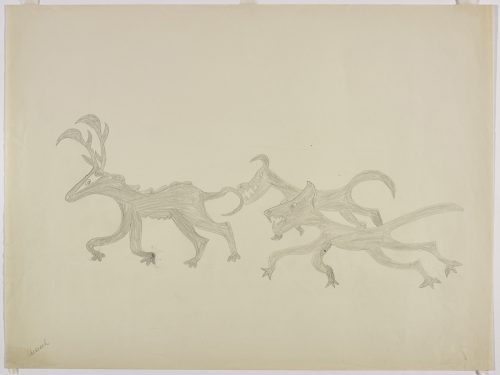 Two wolf-like creatures with horns chasing a caribou-like creature