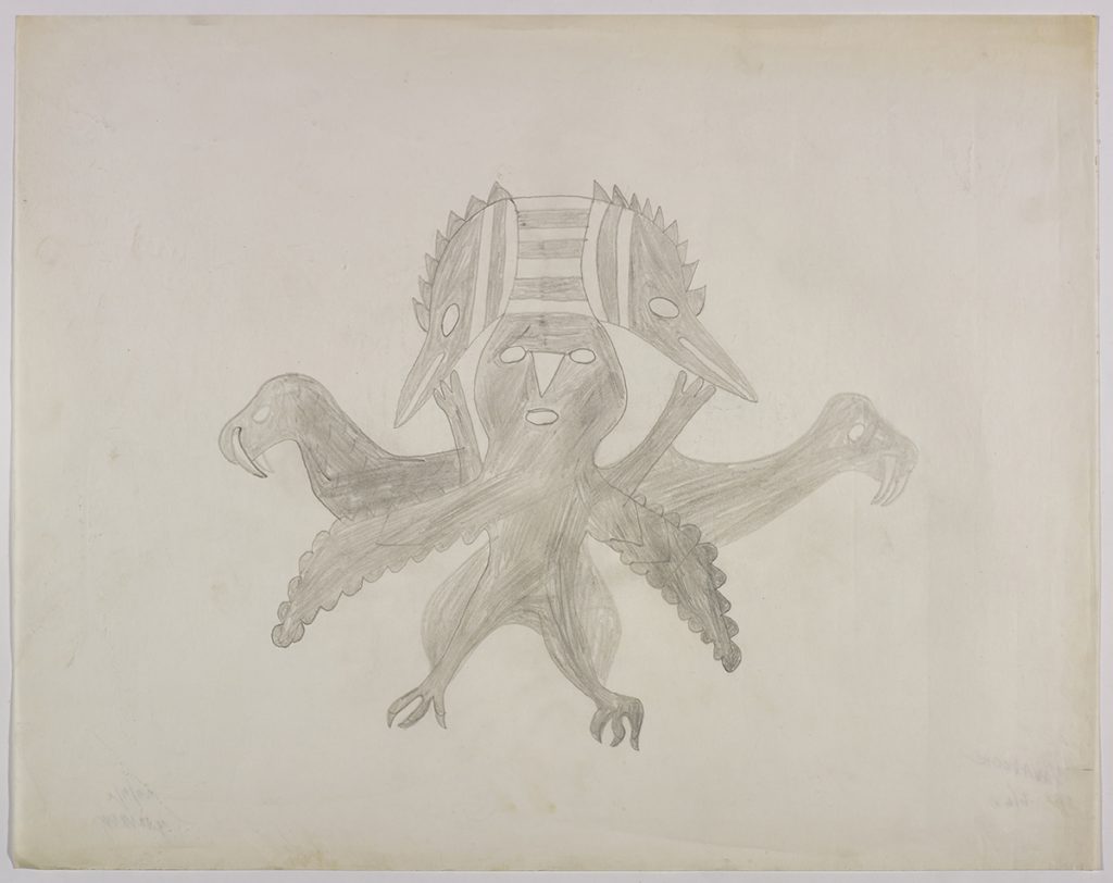 Imaginary creature depicting a winged human figure with walrus heads attached to the wings and a two-headed striped creature with spikey feathers coming out of the top of the figures head. Design presented in a two-dimensional style and using grey.