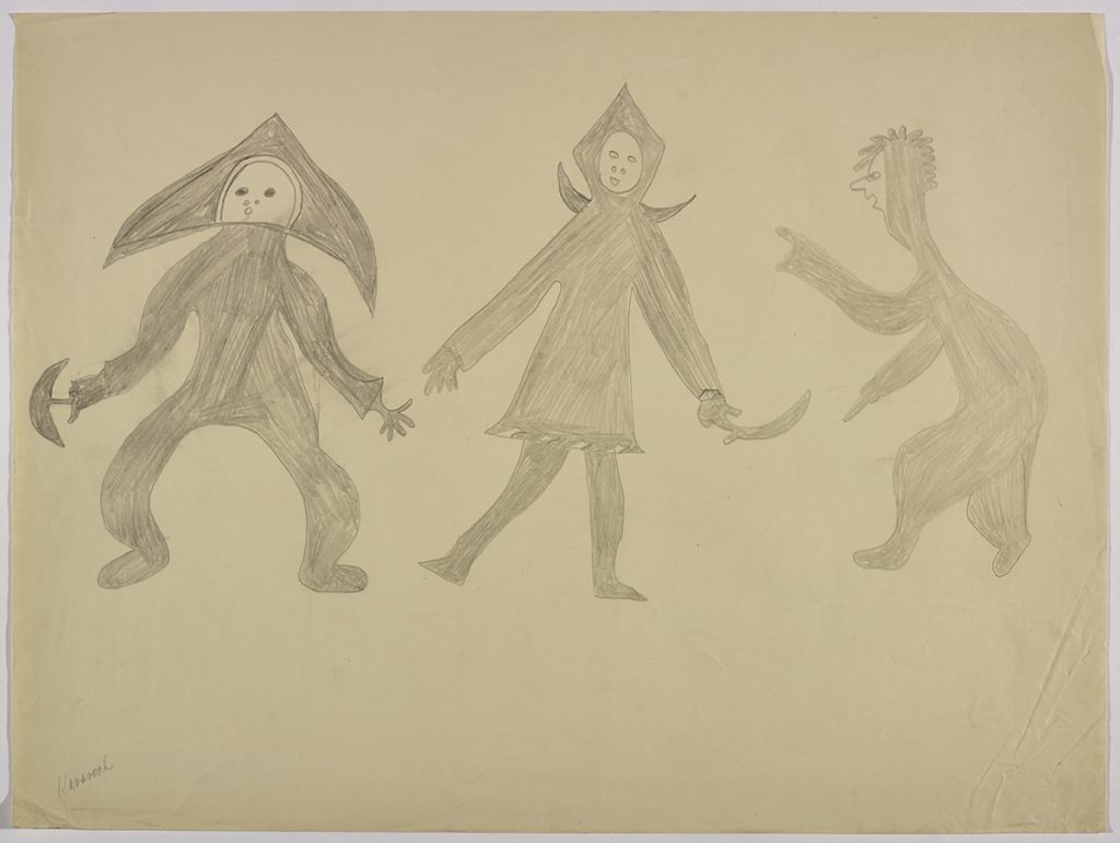 Scene depicting three strange human figures dancing: one is holding an ulu and another is holding a knife. Scene presented in a two-dimensional style and using grey.