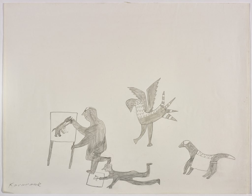 Imaginary scene depicting two human figures drawing while a large stylized bird with pointy tail feathers and a four-legged creature stand to their right. Design presented in a two-dimensional style and using grey.