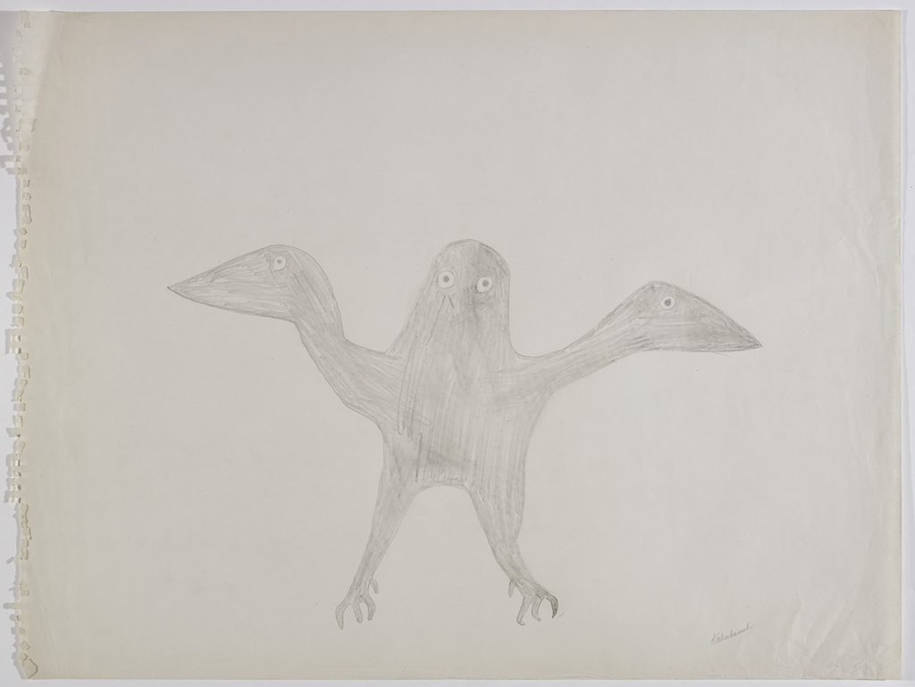 A symmetrical creature with three heads and two four-fingered claws. Presented in a two-dimensional style and using grey.