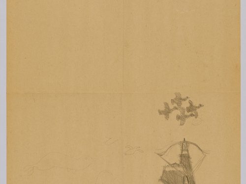 Imaginary scene depicting a human figure aiming a bow and arrow upwards at four birds flying just above. Scene presented in a two-dimensional style and using grey.