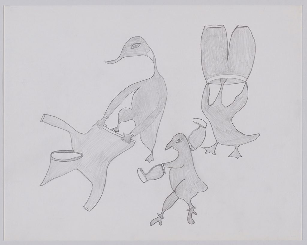 Imaginary scene depicting three birds putting on Inuit clothing. Scene presented in a two-dimensional style and using grey.