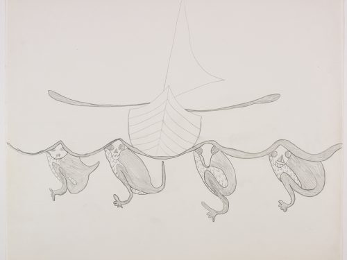 Voilier avec deux longs objets suspendus de chaque côté du bateau avec quatre créatures marines visible sous la crête de quatre vagues. Œuvre bidimensionnelle exécutée en gris.