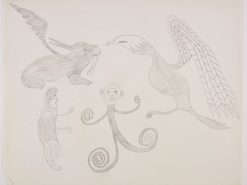 A group of four mythical creatures including a walrus-rabbit hybrid creature with wings in the top right corner and two human-figures with arms and legs presented as spiral shapes in the bottom left corner. Scene presented in a two-dimensional style using grey.