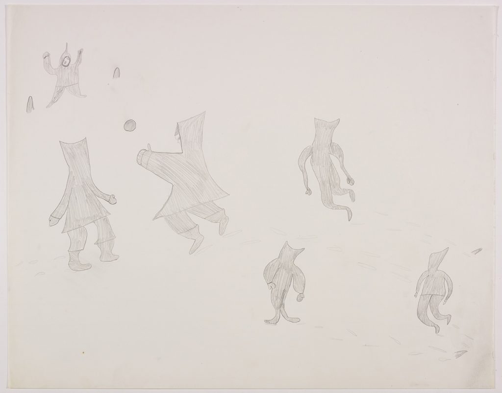 A playful scene depicting five human figures playing with a circular object. two of the figures are standing between two pointy shapes on opposite sides of the page. Scene presented in a two-dimensional style using grey.