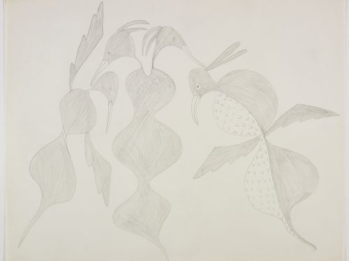 Scene depicting three heavily stylized birds with long undulating bodies with no legs. The bird in the centre has two heads. Scene presented in a two-dimensional style using grey.