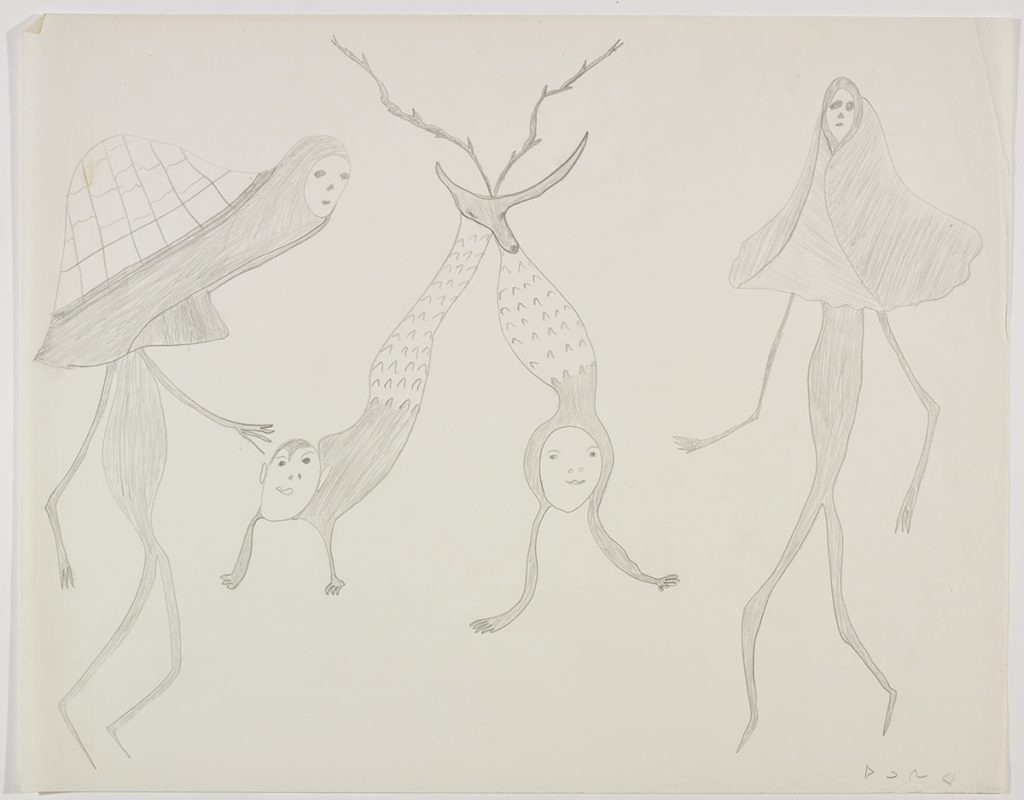 Imaginary scene depicting two very thin human-like figures with objects connected to their necks and two mermaids connected to each other by a caribou head on the end of their tails in the middle of the page. Scene presented in a two-dimensional style using grey.