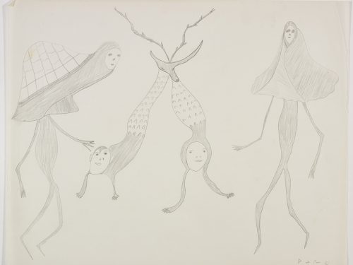 Imaginary scene depicting two very thin human-like figures with objects connected to their necks and two mermaids connected to each other by a caribou head on the end of their tails in the middle of the page. Scene presented in a two-dimensional style using grey.