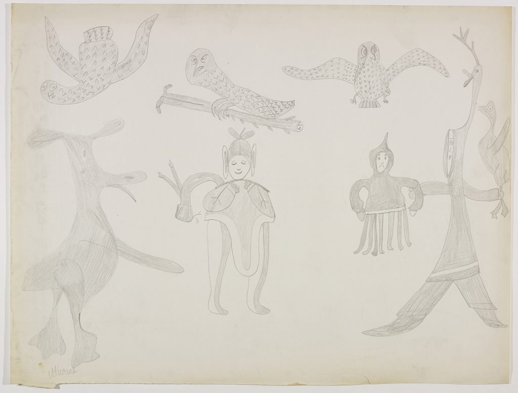 Scene depicting three stylized birds flying above a large bird-like creature standing beside a woman with very long legs and another human figure holding a child with seven legs and a bird. Presented in a two-dimensional style using grey.