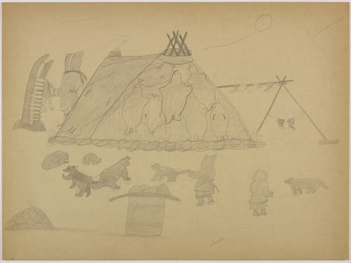 Scene depicting a large tent made from several sealskins