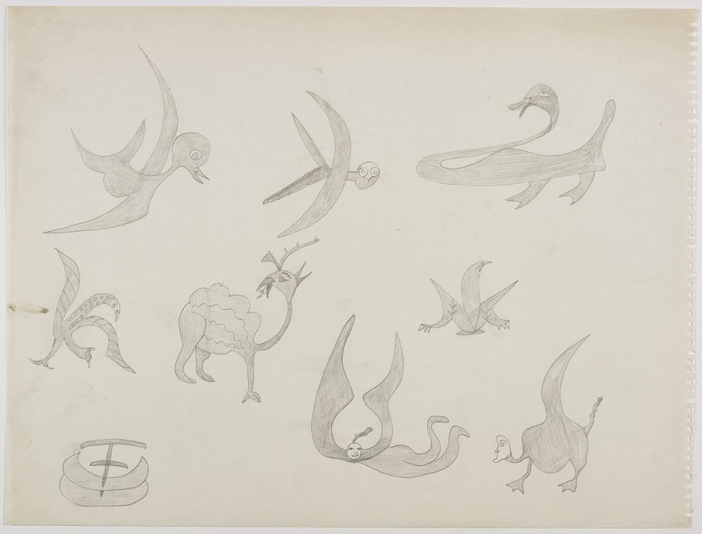 A group of eight heavily stylized birds with different wings and body shapes beside two large ulus laying one on top of the other in the bottom left corner. Scene presented in a two-dimensional style using grey.