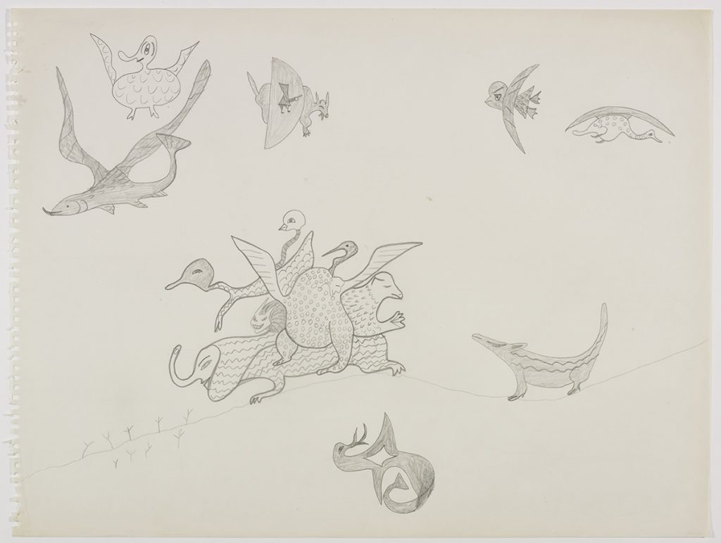 Scene depicting a wide variety of imaginary and hybrid creatures including a group of a least six of them all piled together standing on a small mound in the middle of the page. Scene presented in a two-dimensional style using grey.